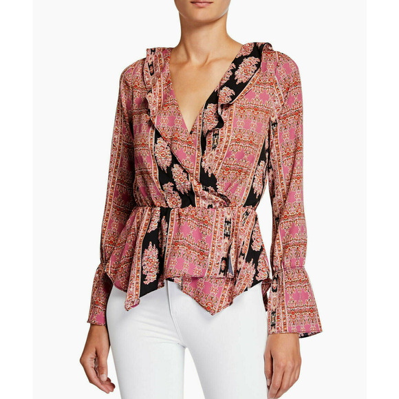 BCBGMAXAZRIA Printed Long Sleeve V-Neck Surplice Woven Asymmetrical Hem Blouse - Picture 7 of 15